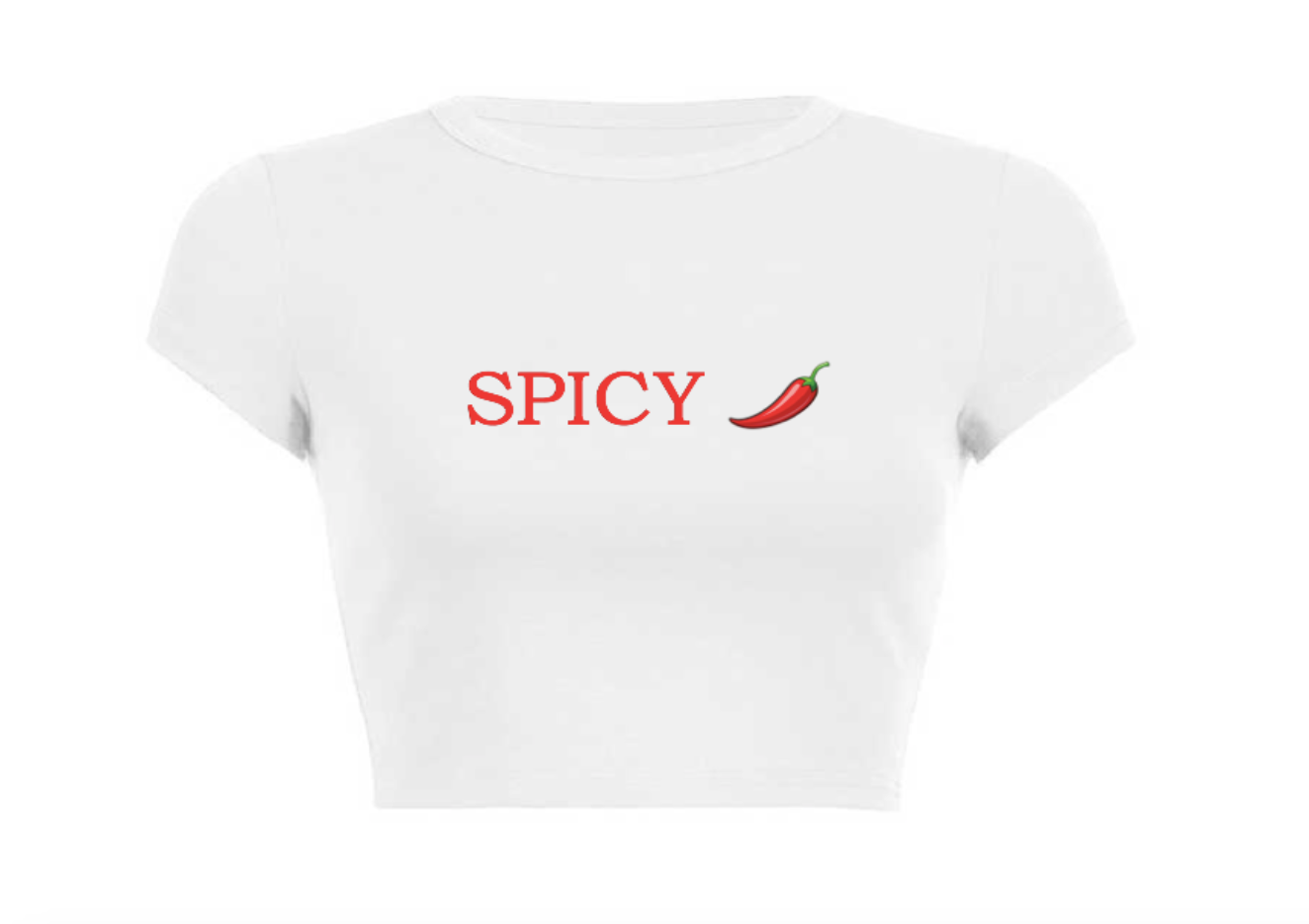 White t-shirt with 'SPICY' and a red chili pepper on a white background