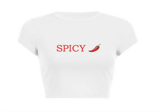 White t-shirt with 'SPICY' and a red chili pepper on a white background